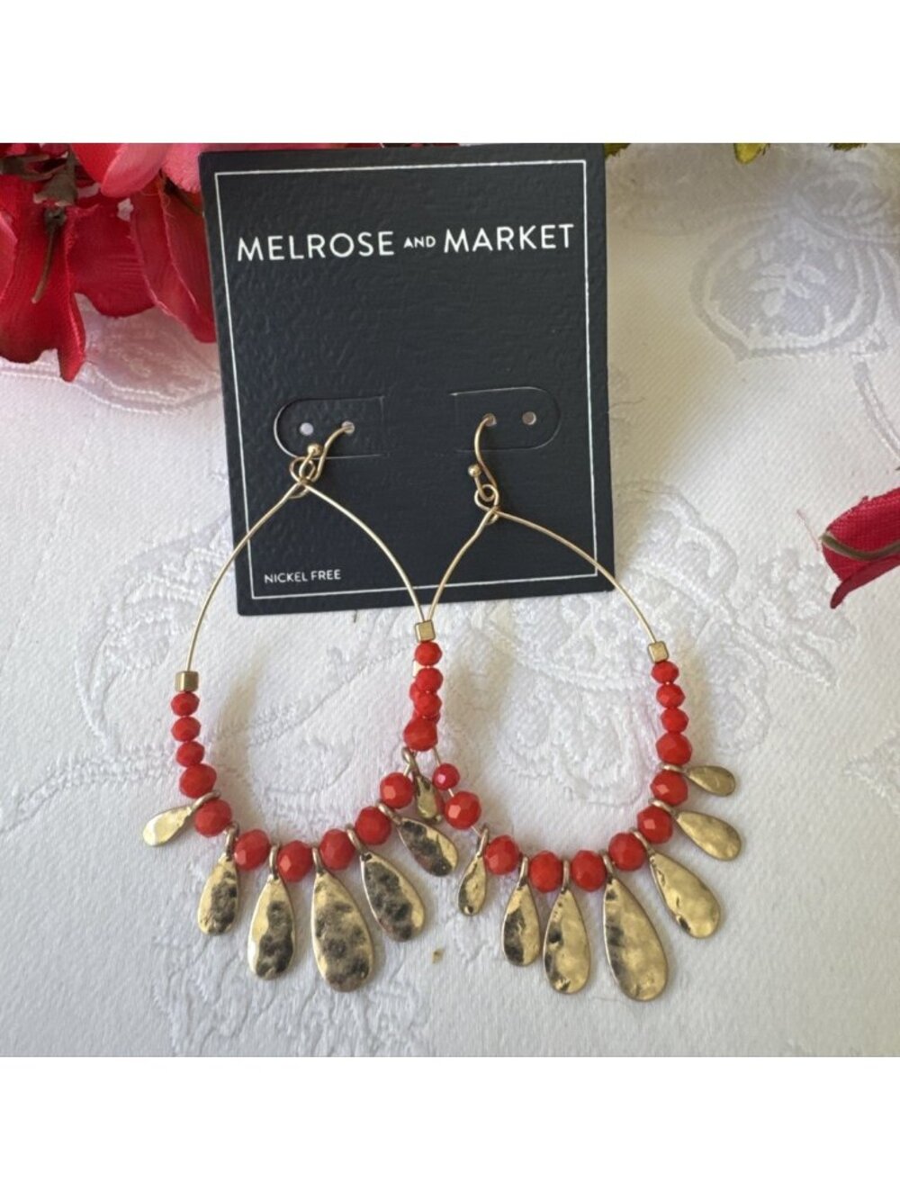 Melrose & Market Seed Beaded Dangle Red Goldtone Earrings Summer 2 3/4" NEW